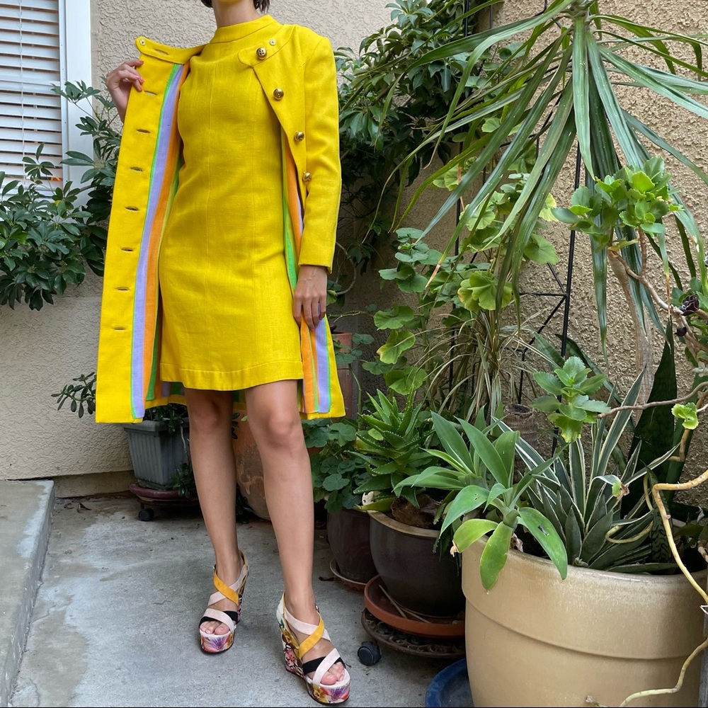 Vintage new 60’s gold Mam’s Selle handmade wool/linen dress with coat